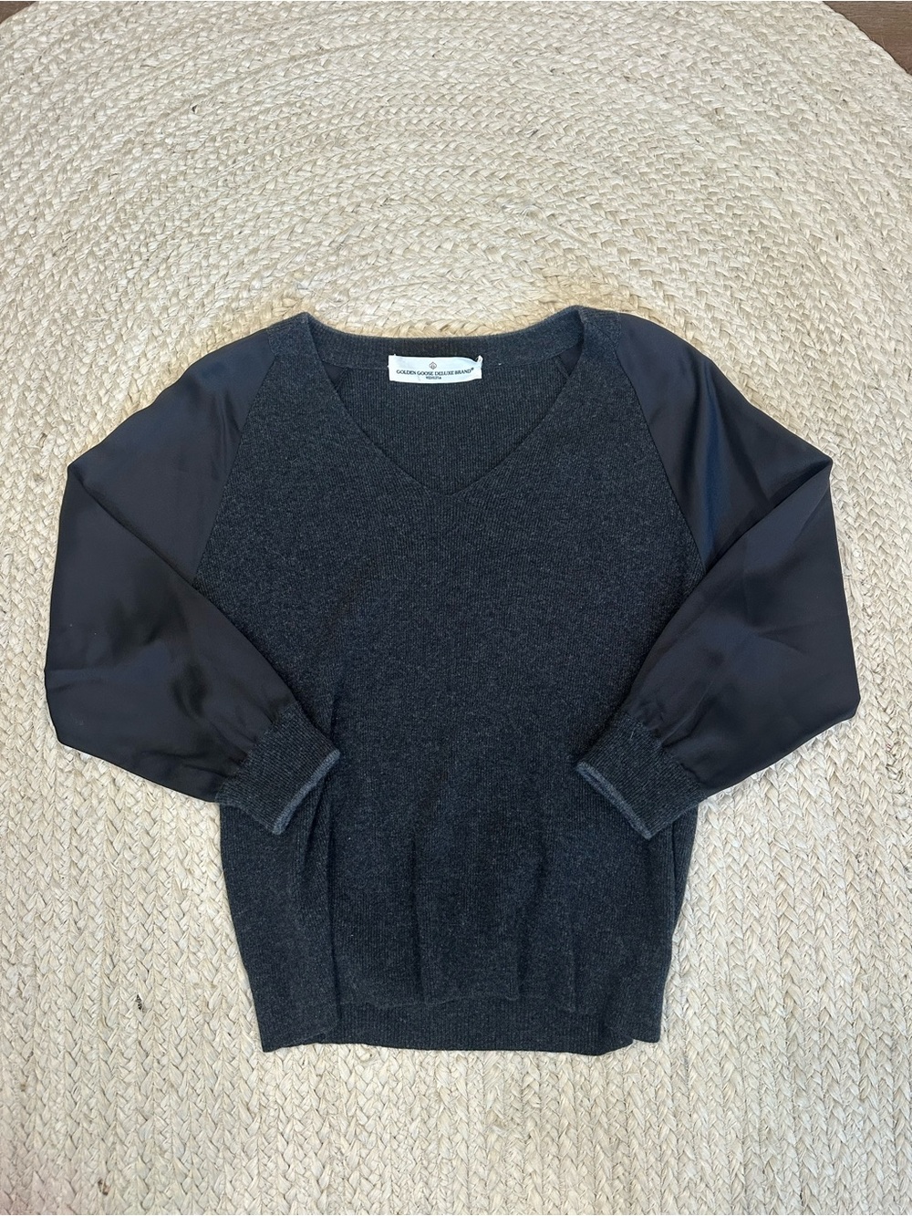 Golden Goose Charcoal V-Neck Sweater with Satin Sleeves